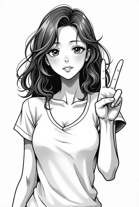 A woman with medium wavy hair in a manga style making a peace sign in black and white 
