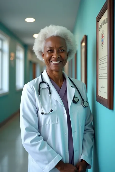 A photo of wall of recognition  of hospital 
having a tall lady doctor of dark skin colour and white hair