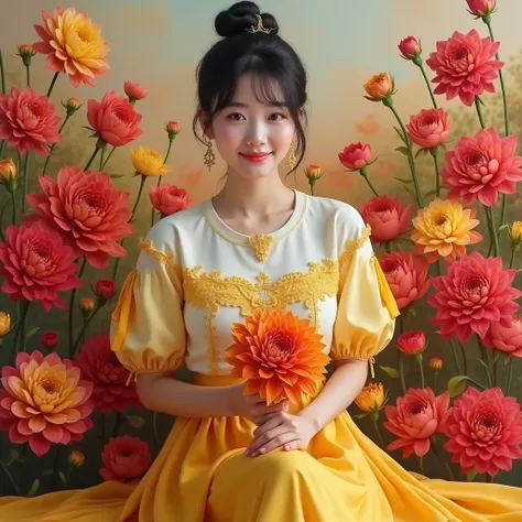 Photorealistic cinematic acrylic painting, with beautiful Korean women with smooth white skin and perfectly maintained faces, black hair bun up Korean style with bangs,eye accessories looking at the camera posing smiling holding a bunch of yellow roses, we...