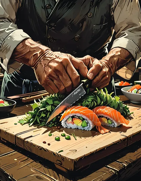 macro close up hand, only an elderly hand holds a knife and cuts greens on a board, sushi shop, wood table, sushi chef, open kitchen, night lighting, graphic style of novel comics, perfect hands, 2d, 8k, hyperrealism, masterpiece, high resolution, best qua...