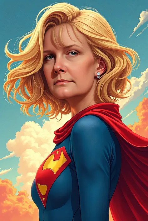 A poster for a superhero movie where there is a light blonde pretty superheroine with short wavy blonde hair in a cartoon style. No blue on face