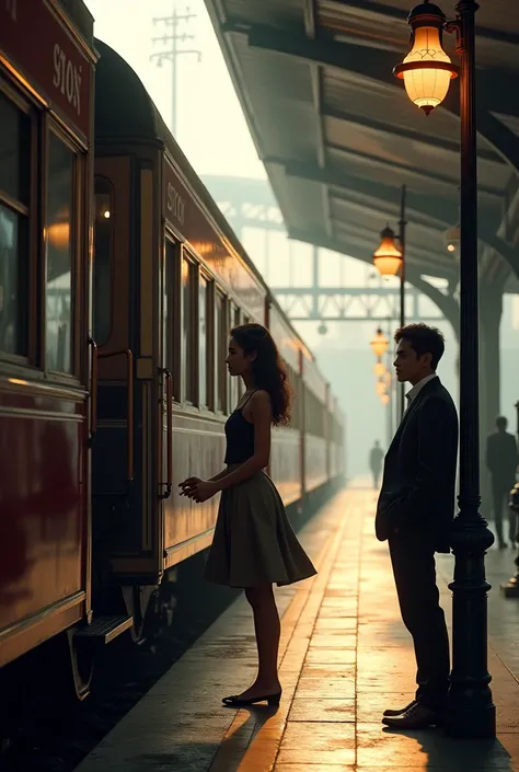 One train is waiting in the railway station 
The girl is taking down the train and the boy who is lay over lamppost seeing her and the girl also seeing himm