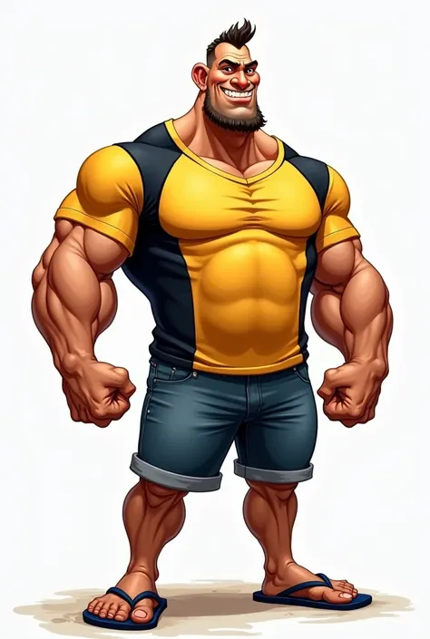 Créer un dessin caricature, dun homme grand, chauve, fort et musclé, habillés avec un t shirt a rayure jaune et noir . Un short en jean. Des tongs.  