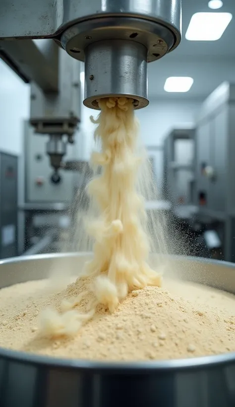 A close-up of ingredients being mixed in a food production factory, with emphasis on powders and liquids being poured into a large mixer. Bright, even lighting ensures the details are clear.
