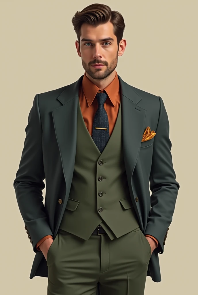 Man in slate waistcoat Olive suit and terracotta shirt, and a tie