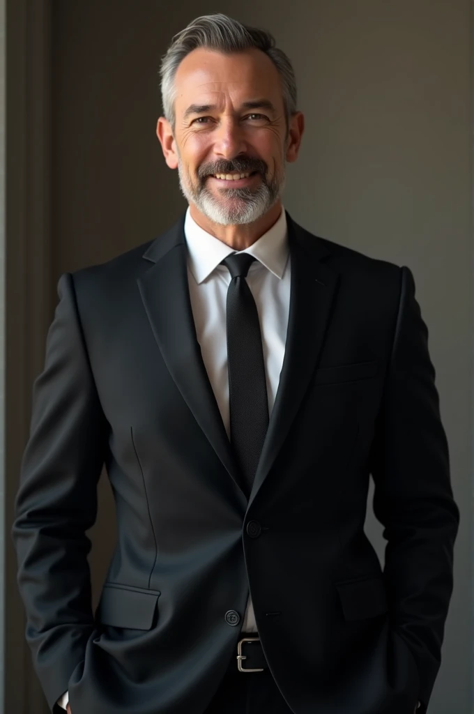 A man standing wearing black suit beard smiling 