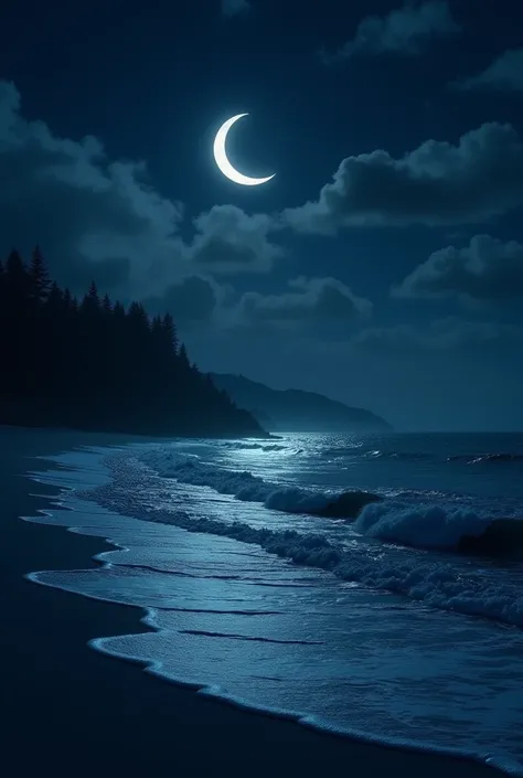 Night view of sea waves on the beach and a crescent moon with a few clouds covering the sky.
