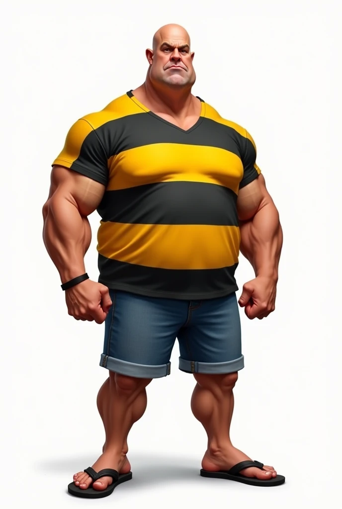 Créer un dessin caricature, dun homme grand, pas de cheveux, fort et musclé, habillés avec un t shirt de bagnard a rayure jaune et noir . Un short en jean. Des tongs.  