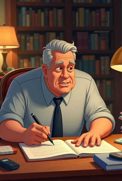 Disney style on screen size 16:9 - adult man studying the Commercial Driver&#39;s Handbook with notes and books around.