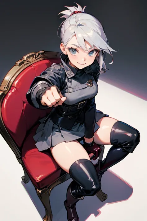 Woman sitting on chair,Pointing his fist at me, Grey Hair,mini skirt, Long boots,Patent leather long gloves, living, Looking down on you,Happy face,