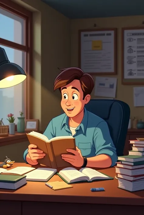 Disney style on screen size 16:9 - 30 year old man studying the Commercial Driver&#39;s Handbook with notes and books around.