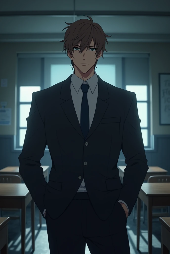 Drawing Anime, a man in a school uniform, handsome face, strong body, sharp eyes, light black eyes, light brown hair, black, 183 cm tall, 76 kg weight, white skin, in a dark and scary classroom.