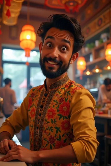 A Bangladeshi restaurant shaif with curiosity  face into the camera