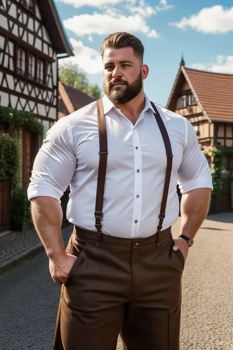 8K HIGH RESOLUTION HDR Very Extremely Realistic Very Detailed High Quality Create a professional studio-style 8K HDR Very Real photograph featuring an extreamly large handsome bodybuilder, wearing very realistic lederhosen, traditional german clothing, qui...