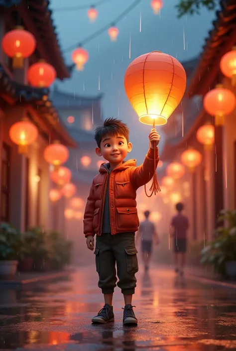 boy carrying lantern in mid-autumn festival in rainy season 