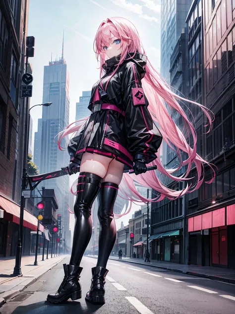 1 girl, long pink hair, blue eyes, black clothes, black shirt, modern clothes, simple clothes, assassin, boots, gloves, city, absurdres, high res, ultrasharp, 8k, masterpiece, looking at viewer