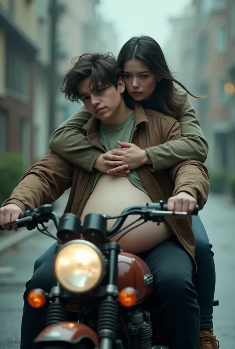 A young man with a very fat belly is sitting on a motorcycle. Behind him is a women who holds his  enormous belly. They look sad. From the side. They are driving. 