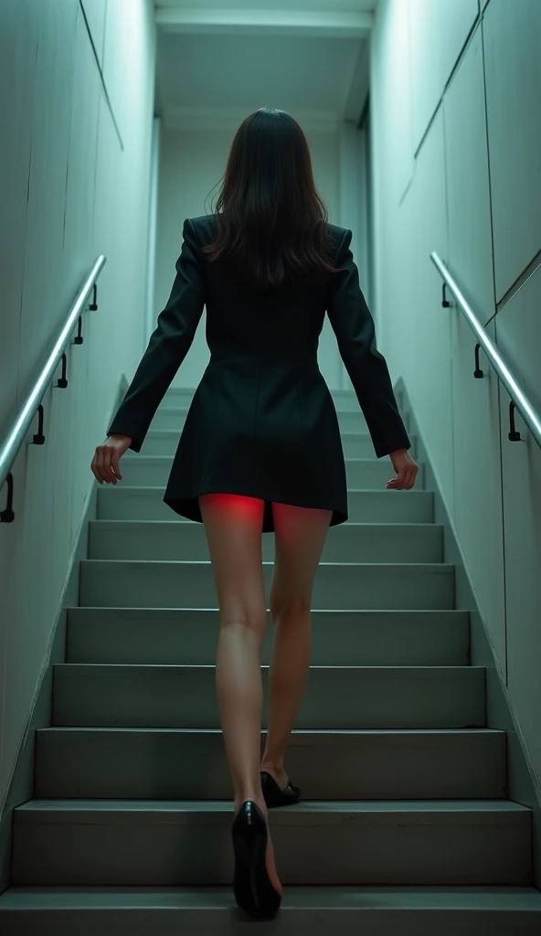 An office lady is climbing the stairs、Butt zoom up、Short tight skirt、、Full body portrait、Rear view、Fitted business suit、、View from under the floor、Fair-skinned legs、no panty pussy peak、Japanese actress with long straight dark brown hair、Ultra HD、The underf...