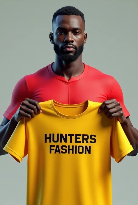 Create a 3D Real African man wear red jersey  and  holding a yellow T-shirt with the capital letters text HUNTERS FASHION written on it."