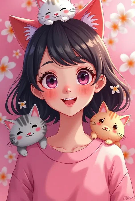 
A teenage girl with big eyes and one fang who likes to wear pink shirts. She loves cats, flowers, and the color pink.