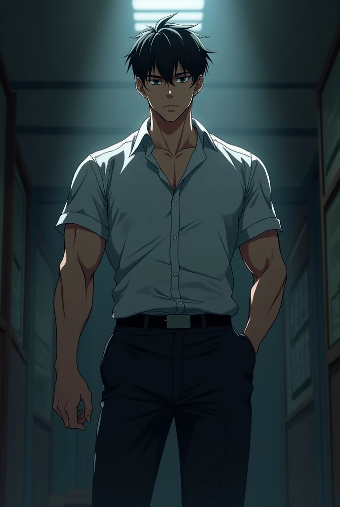 Drawing Anime, a man in a school uniform, handsome face, strong body, six-pack, sharp eyes, light black eyes, black hair, 183 cm tall, 76 kg in weight, white skin, in a dark, scary classroom with no lights.