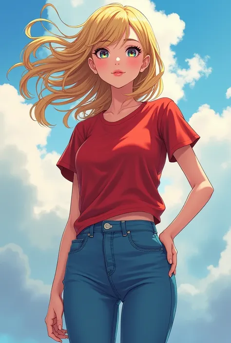 50 years anime women in air with red tshirt and blue jeans blonde hair red lips (high quality)(perfect detailed)