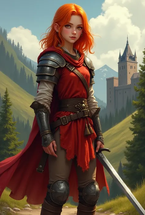 draw medieval girl in age 15, who has orange medium short hair, orange eyes and wearing red medieval warrior clothes