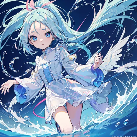 kawaii, anime, Cute, hyper quality, highly detailed, 8k, Clarity, Draw facial expressions in detail, iridescent eyes, light blue hair, wings grow, highlight on eyes, Its bright outside, water scatters, have a forehead, wear a dress, expose the whole body, ...