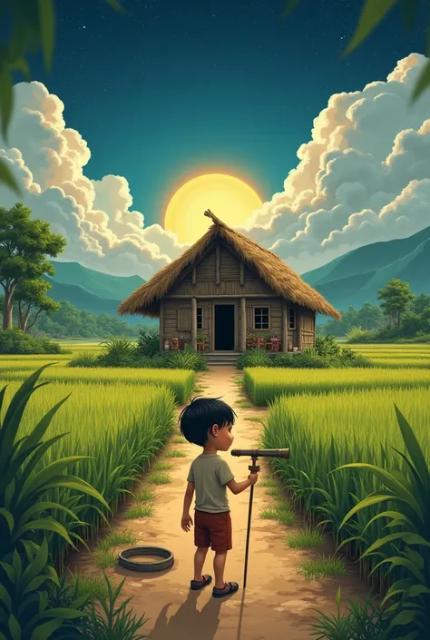 A small wooden house with a thatched roof. In front of the house, Aldi, a  boy, stands in the yard. He wears simple clothes and worn-out shoes. In the background, there is a rural landscape with green rice fields and distant mountains.
Aldi works diligentl...