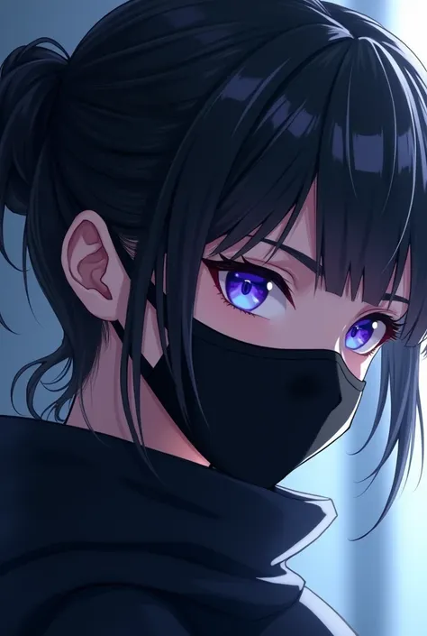 beautiful woman,black hair,black mask,blue violet eyes,close up,anime realistic,side view,hair tie,short hair