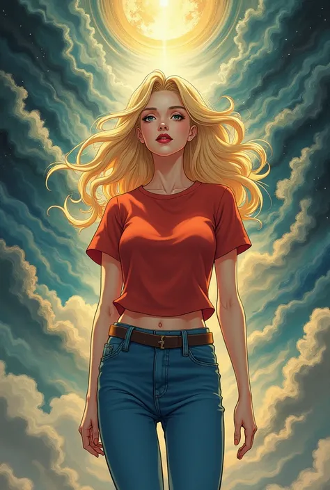 Old anime women in air with red tshirt and blue jeans blonde hair red lips (high quality)(perfect detailed)