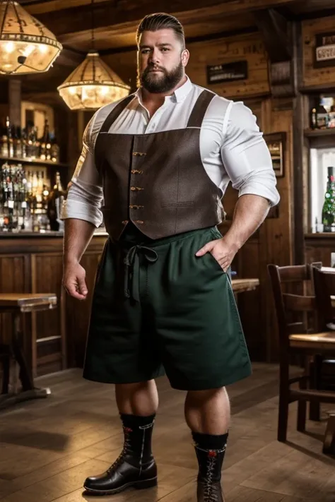 8K HIGH RESOLUTION HDR Very Extremely Realistic Very Detailed High Quality Create a professional studio-style 8K HDR Very Real photograph featuring an extreamly large handsome German bodybuilder, wearing very realistictraditional german clothing, quiff hai...