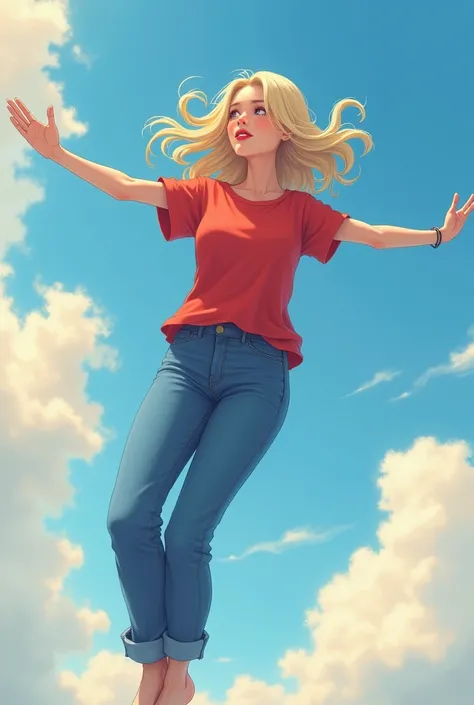 Old age anime women in air with red tshirt and blue jeans blonde hair red lips (high quality)(perfect detailed)