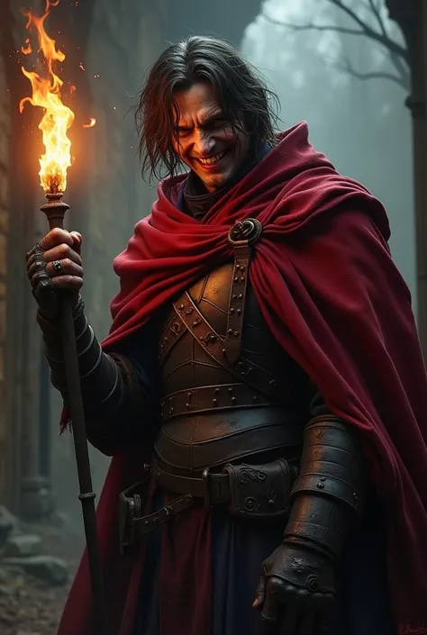 A man with Dark Brown hair with a sadistic smile. He wears  clothes, armor and a red cloak. He carries a torch.