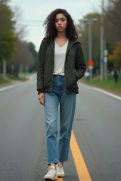 A brunette girl with curly hair  stand between the road taking a realistic photo