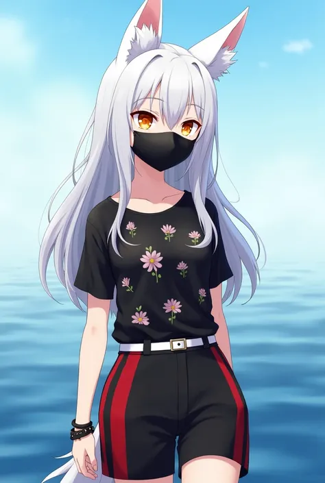 girl, white fox ears, white hair, orange eyes, black T-shirt with flowers, black short pants with red stripes, black bracelet on her right hand, white belt at the waist,black medical mask on the face, in the background the sea