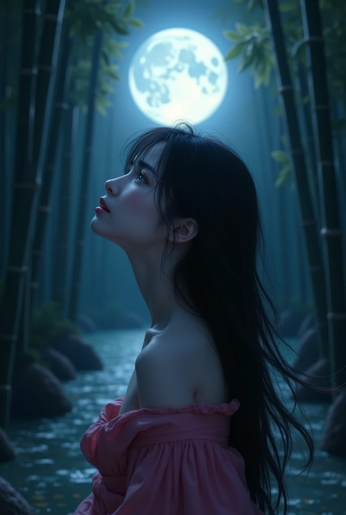 realistic, photogenic, very dark night, bamboo forest, moonlight is reflected in the pond, wearing deep pink colored kimono, exposed nape and shoulder, face is looking up above the sky, the full moon is shining small and high up above her head, extremely b...