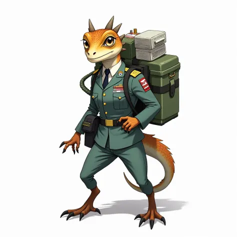 Medic Lizard　White background　Anime military uniform　girl　
Carrying a lot of medical equipment