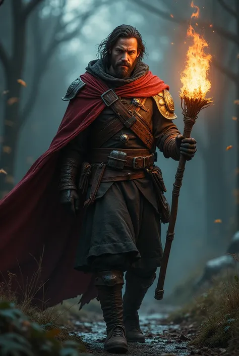 A man with Dark Brown hair and grey eyes. He wears  clothes, armor and a red cloak. He carries a torch.