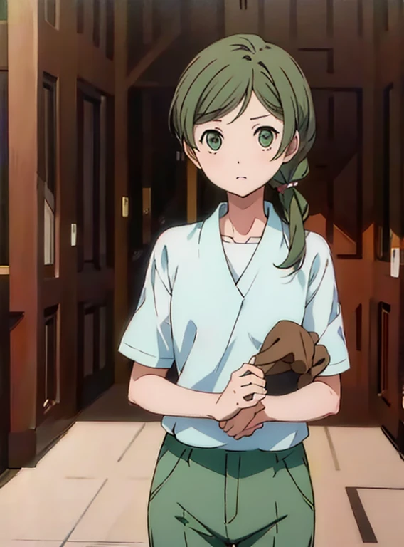 a girl with a dog , mid long hair ,light green lose shirt and dark green pants (yahaba)