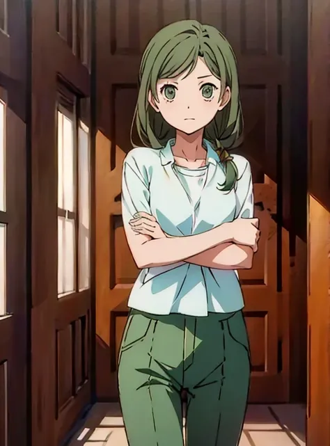 a girl with a dog , mid long hair ,light green lose shirt and dark green pants (yahaba)