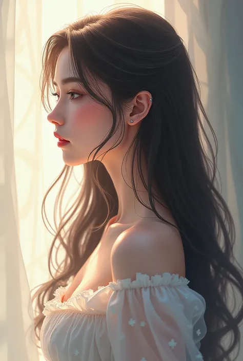 Beautiful woman,side view,long hair,anime realistic