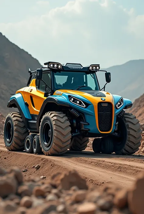 Image vehicle of mixture of both bmw car and jcb features in blue and yellow colour in a mining place in background 