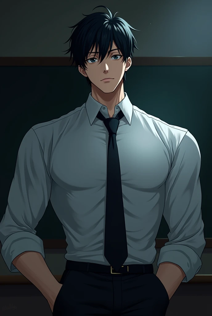 Help draw an anime of a man wearing a school uniform, has a handsome face, height 182 cm, weight 76 kilograms, muscular body, six packs, light black hair, white skin, light black eyes, light black hair, in a dark classroom.