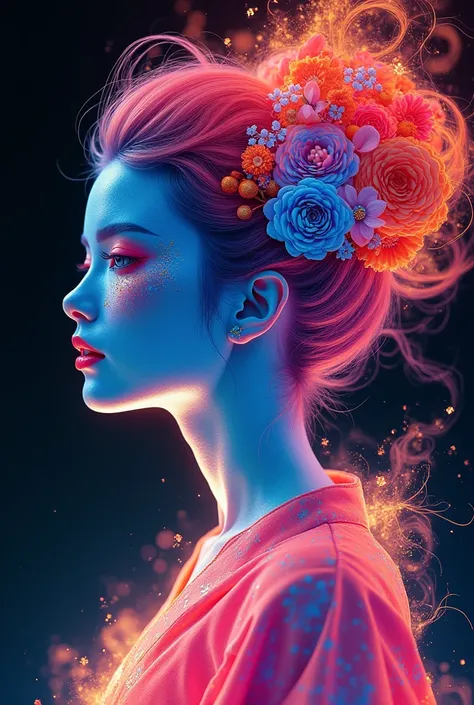 Colorful ink abstract art forms a portrait, light, Subsurface scattering, glow, Alberto Seveso (Alberto Seveso) Award-winning ink art, Japanese Anime, Practical, Surrealism, Japanese Goddess, Neon Colors, 