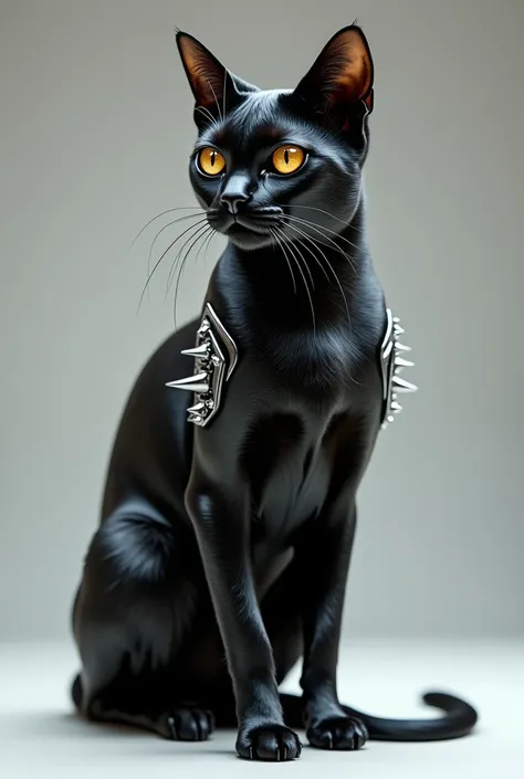 Black cat wearing an alternate latex suit with silver detailing and claws, spiled on shoulders and legs, full body