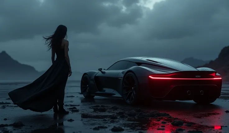 Ultra-dark nighttime scene with heavy rain in a remote, desolate area. A futuristic black sports car is parked on a wet, rocky surface, its red taillights glowing through the mist and rain. The dark clouds above create a dramatic and ominous atmosphere. A ...