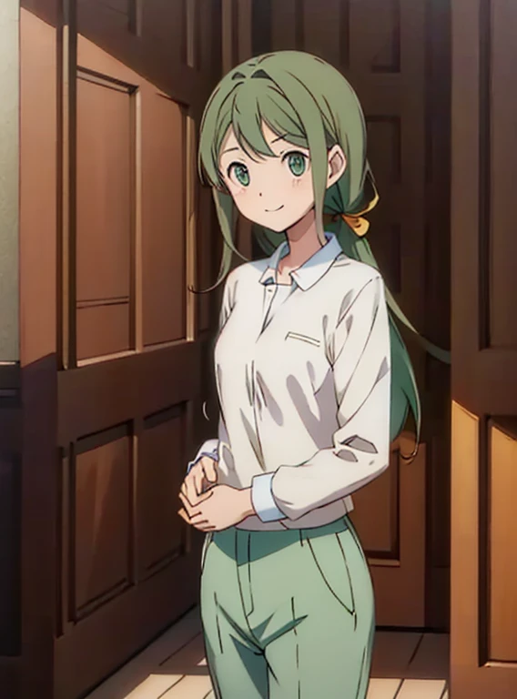 a girl with grey  mid long hair ,light green lose shirt and dark green pants , smiling sweetly  (yahaba)