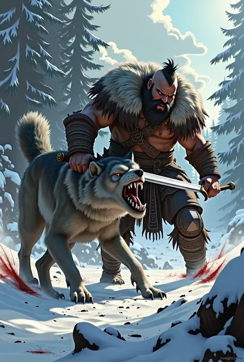 Viking fights a wolf