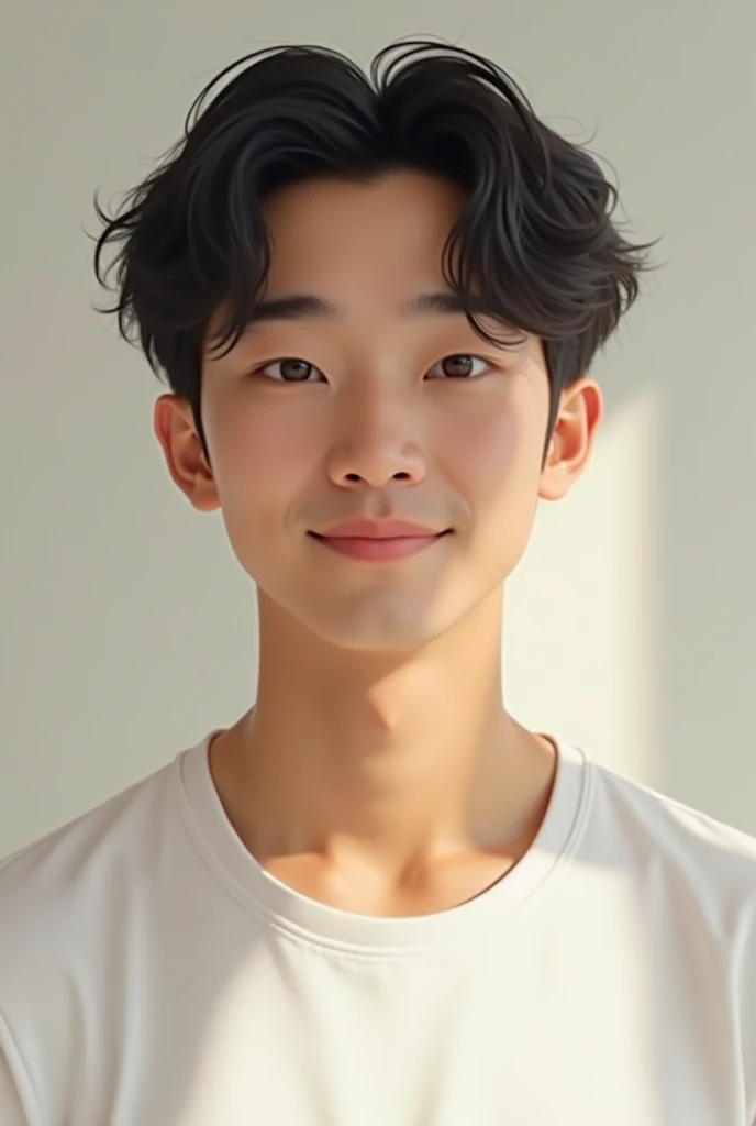 Asian man in his 20s, wearing a white T-shirt, small wavy hair, a gentle smile, honey-colored skin.